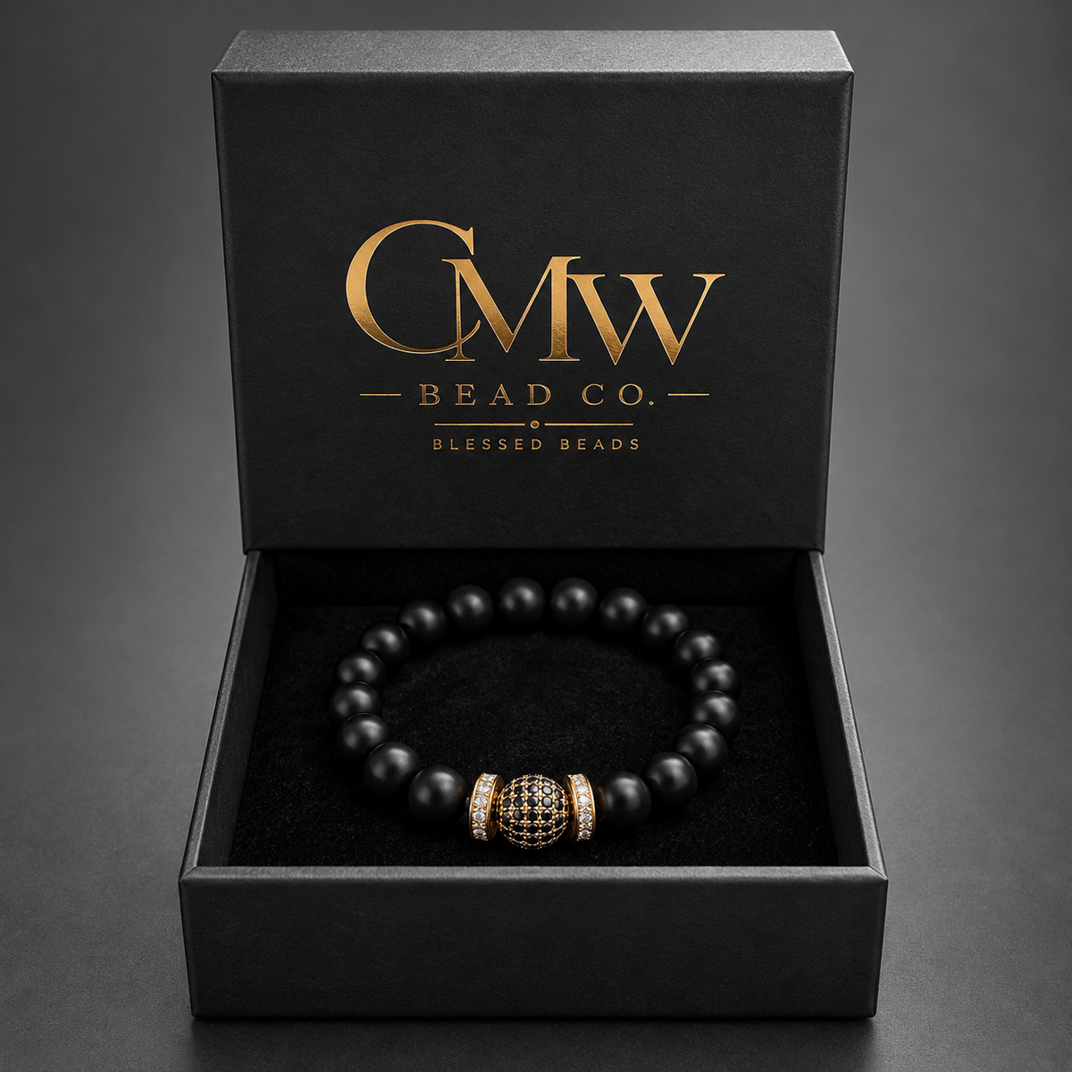 ONYX ROYALE | Matte Black Onyx, 14K Gold & Black Cubic Zirconia Bracelet