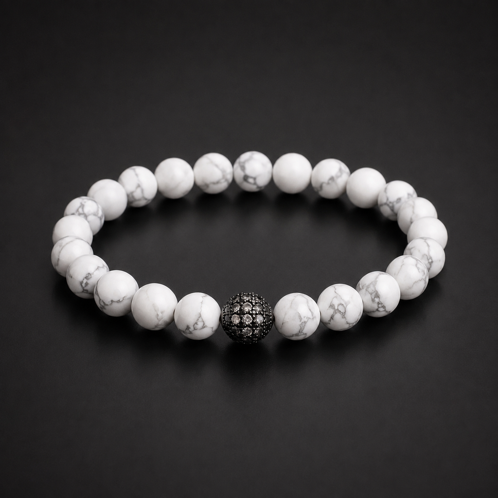 THE SOVEREIGN | White Howlite & Black Cubic Zirconia Beaded Bracelet