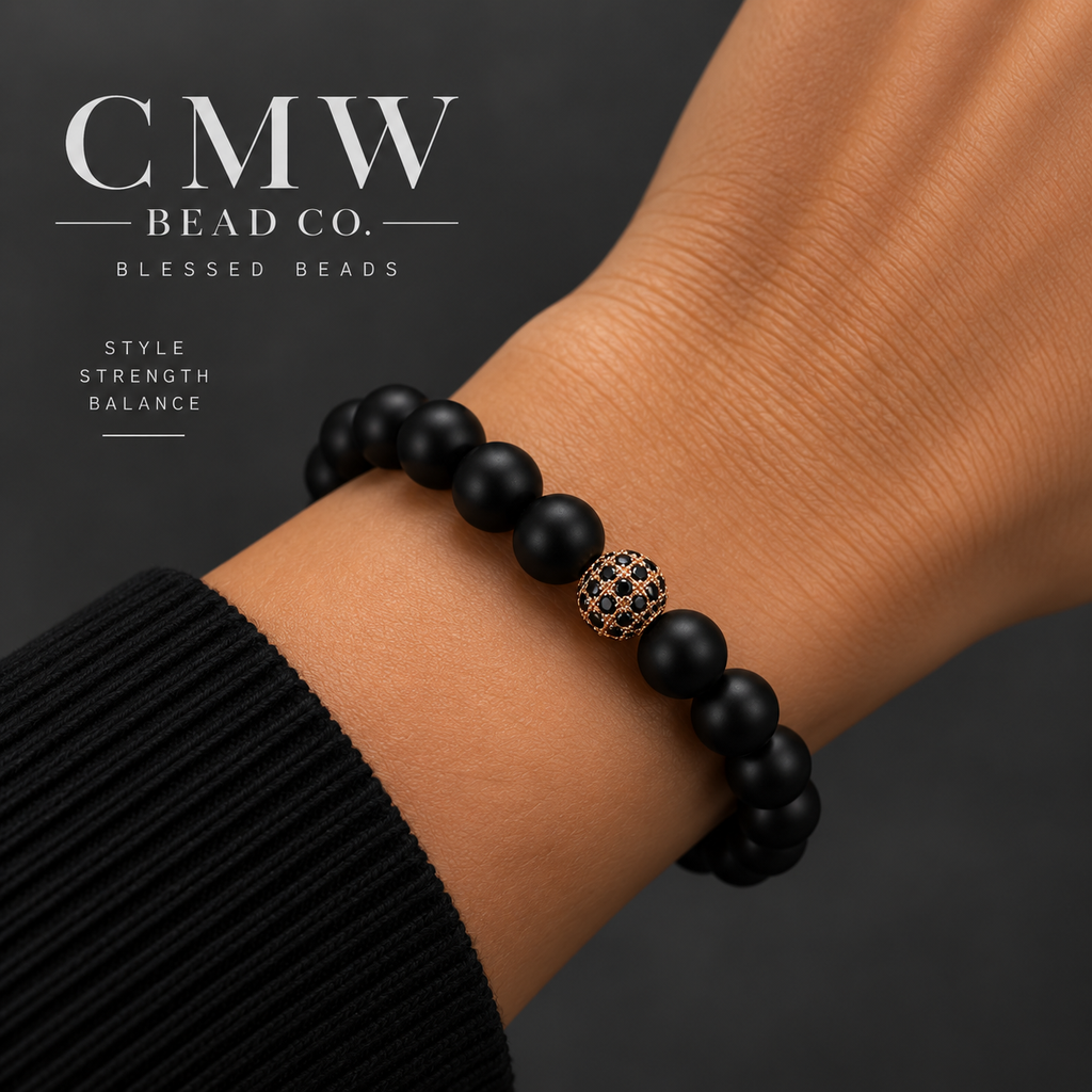 Rose | Matte Black Onyx Bracelet | Gold CZ Beaded Bracelet