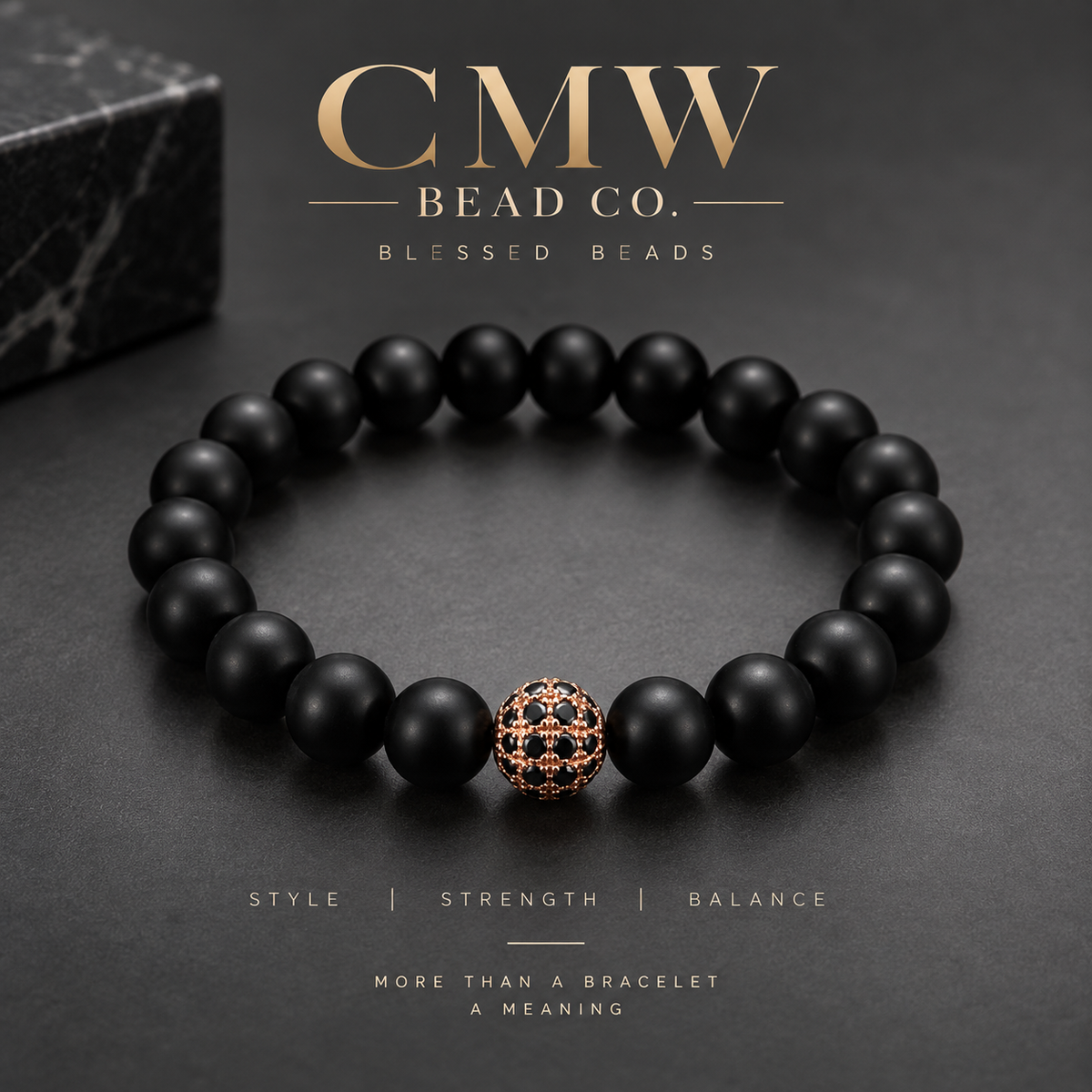 Rose | Matte Black Onyx Bracelet | Gold CZ Beaded Bracelet