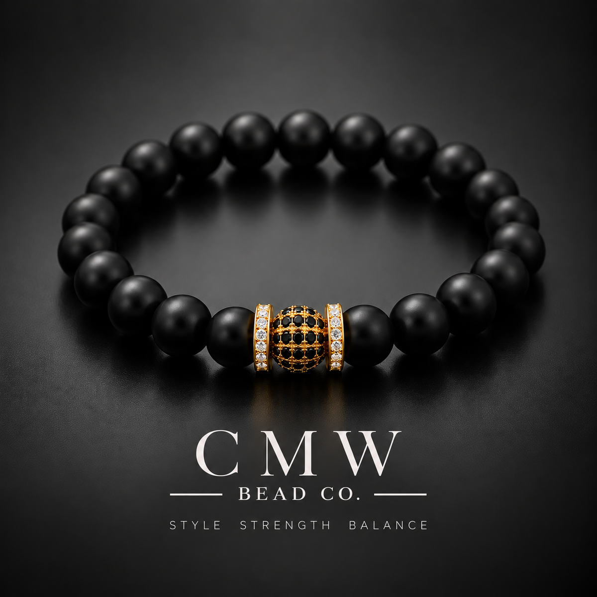 ONYX ROYALE | Matte Black Onyx, 14K Gold & Black Cubic Zirconia Bracelet