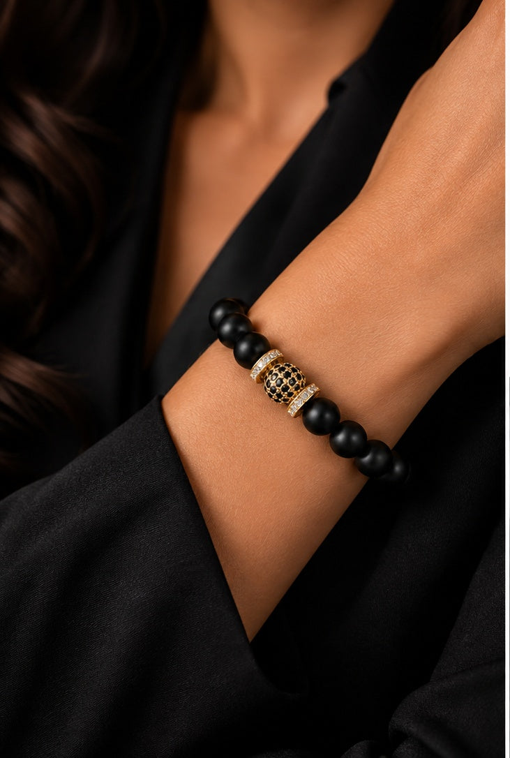 ONYX ROYALE | Matte Black Onyx, 14K Gold & Black Cubic Zirconia Bracelet