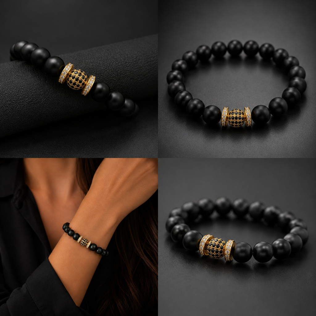ONYX ROYALE | Matte Black Onyx, 14K Gold & Black Cubic Zirconia Bracelet