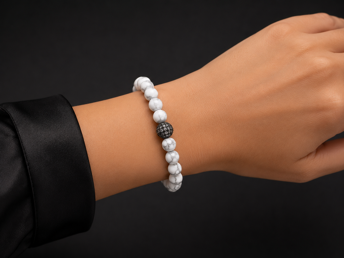 THE SOVEREIGN | White Howlite & Black Cubic Zirconia Beaded Bracelet